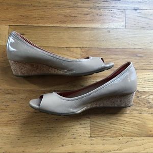 Tan Cole Haan patent leather peep toe wedge